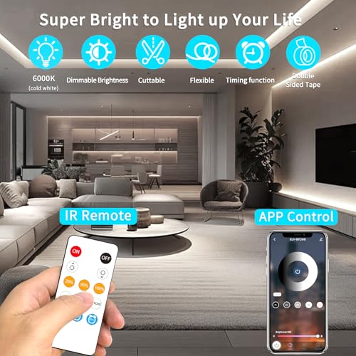Image of 16.4ft COB LED Strip Lights 6000K White Dimmable DC 24V Flexible LED Tape Light for Bedroom, with Remote and app Control LED Light Strip,for DIY Home Decoration