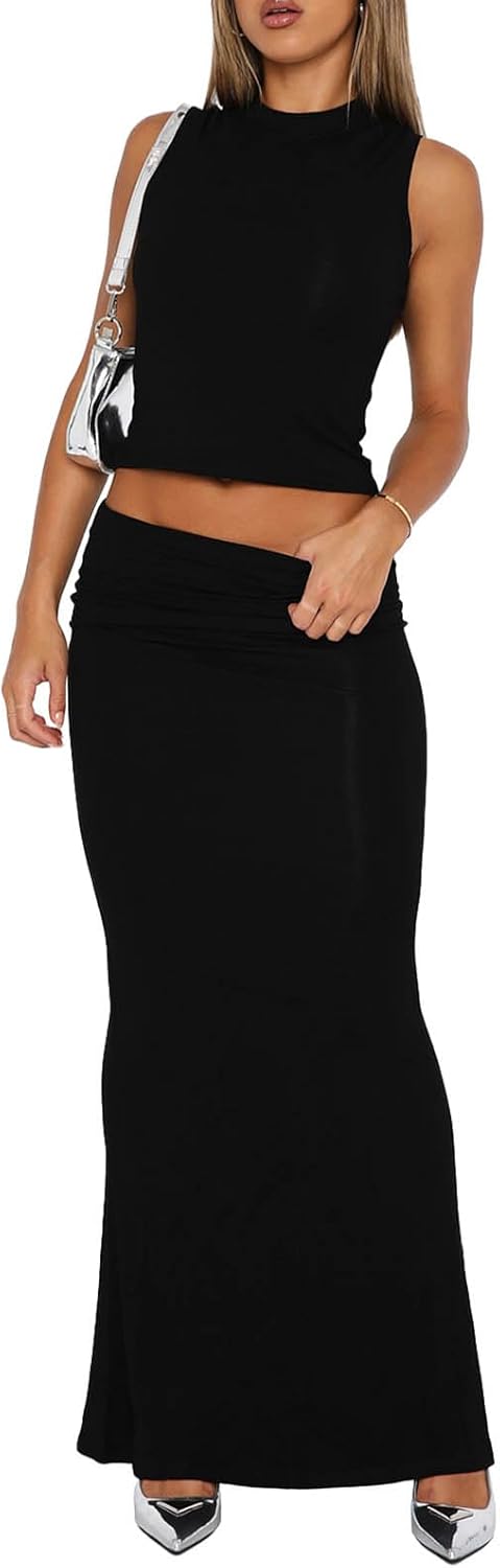 Halfword Womens 2 Piece Outfits Summer Going Out Y2k Sexy Sleeveless Tank Crop Top Maxi long Skirt Sets