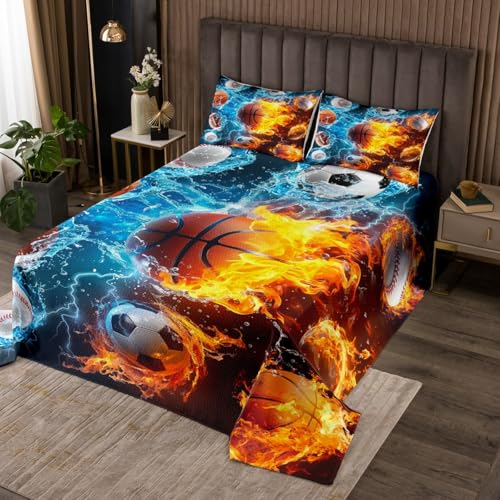 jejeloiu Basketball Bedspread Twin Size Kids Football Quilted Coverlet for Boys Teens Baseball Rugby Sports Gaming Sports Ball Lover Coverlet Set Ice and Fire Quilted Room Decor