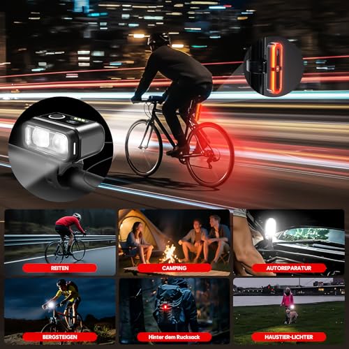 Fahrradlicht Set 100LUX, Fahrradrücklicht Mit Bremsfernlichtfunktion, Aufladbar Fahrradlampe mit 3200mAh Akku, StVZO zugelassen, IPX5 Wasserdicht Frontlicht & Rücklicht Set für Fahrrad MTB Ebike