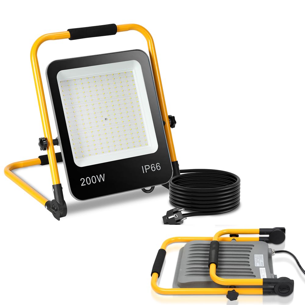 Faretto LED da costruzione, 200 W, 18000 lm, con spina, impermeabile, per officina o cantiere, garage, 6000 K, luce bianca diurna