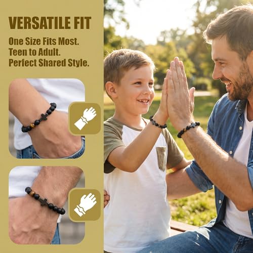 Pulsera de Cruz para Hombre con Piedra Natural y Cuerda Elástica miniatura 3