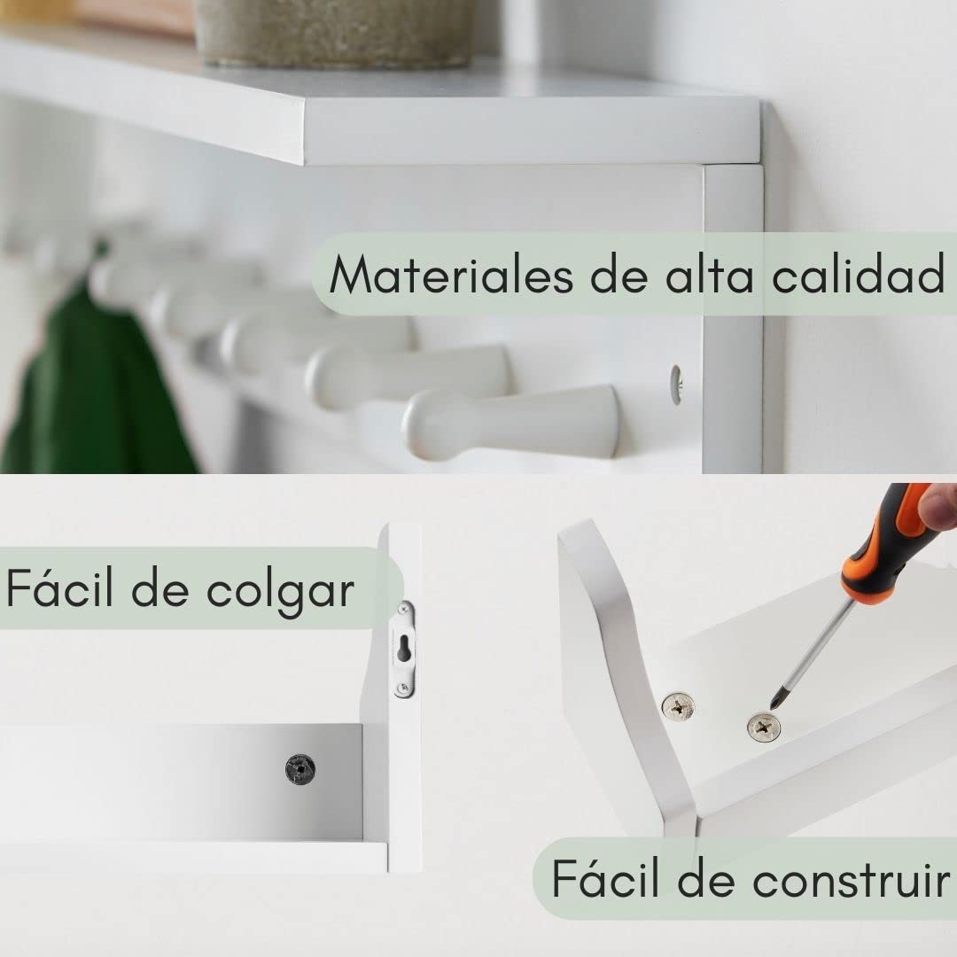 Haus Projekt Estantes de Pared con 7 Ganchos, Blanco, Fácil de Montar Perchero Pared Madera, Estanteria Baño Pared, Flotantes Cocina Estanterias Almacenaje, Baldas pour Toallas, Llaves, Decoracion