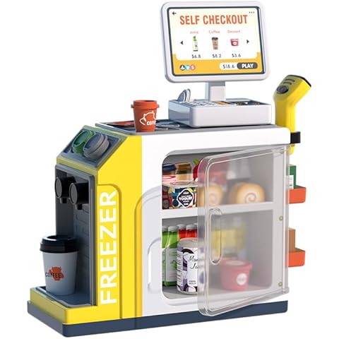Haifeng Cash Register Playset for Kids, 46PCS Pretend Play Toy with Calculator, Scanner, Coffee Machine, Credit Cards, Play Food & Money, Kids Cash Register for Boys and Girls Ages 3+, Yellow Cover