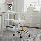 Martha Stewart Taytum Swivel Task Chair with Armrests for Home Office in White Faux Leather with Polished Brass Frame