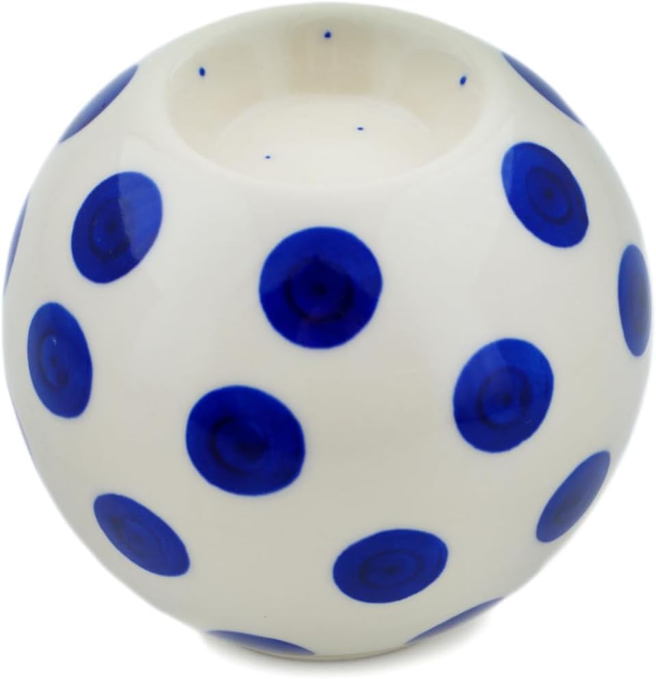 Polmedia Polish Pottery Candle Holder - Blue Polka Dot Beauty Pattern Handmade in Boleslawiec Poland by Ceramika Dalia + Certificate of Authenticity