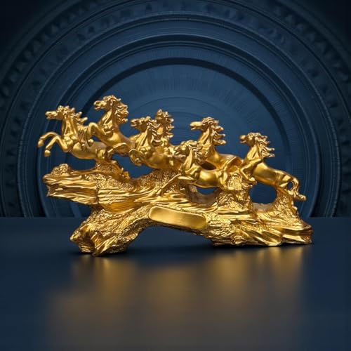 Image of 7 Running Horses | Vastu, Feng Shui Statue for Good Luck Wealth Health Happiness White Horses with Golden Touch | Home Decor Gift for Home, Office, Resin (L-17, H-10 Inch) (Yellow-Golden)