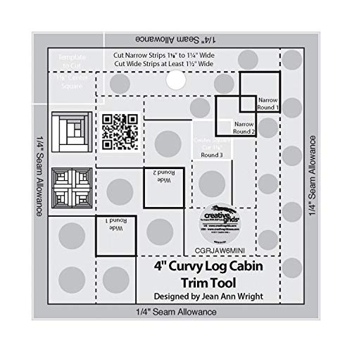 Creative Grids 4in Curvy Log Cabin Trim Tool Quilt Ruler – CGRJAW6MINI – Made in USA, 4-1/2in x 4-1/2in, Non-Slip Grip Acrylic Quilting, Sewing, Crafting, Patchwork Ruler & Template