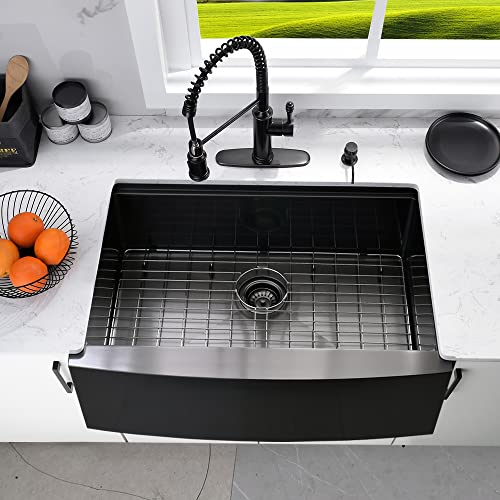 33 Inch Farmhouse Sink Workstation-Bokaiya 33X22 Matte Black Apron Sink 16 Gauge Deep Curved Front Single Bowl Black Stainless Steel #TOP2