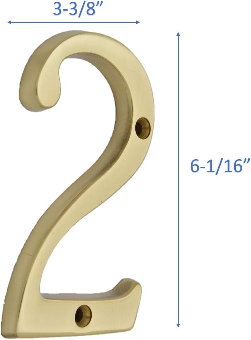 QCAA Traditional Heavy Forged Brass House Number, 6", Polished Brass Lacquered, 2, 1 Pack, Made in Taiwan