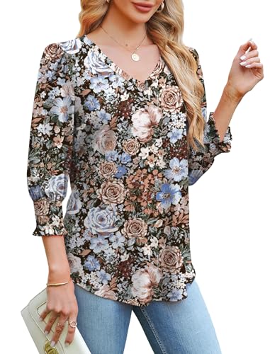 SAMPEEL 3/4 Length Sleeve Womens Tops Dressy Casual Blouses V Neck T Shirts with Smocked Cuffs4