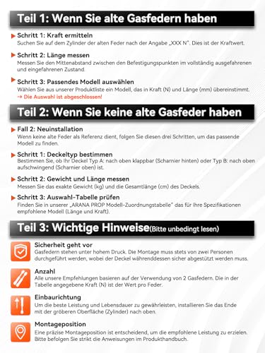 ARANA PROP Gasdruckdämpfer 500MM 150N/15KG Gasdruckfedern mit Haltern Universell Möbel Stoßdämpfer Gasfeder für klappen Wohnwagen Bett LKW Fenster Schwere Abdeckungen, 2 Stück
