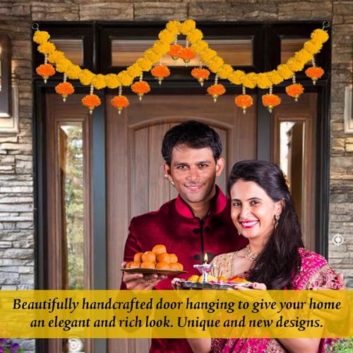 Image of SMIZZY ; (RE) TOUCHING LIVES Artificial Marigold Flowers Toran | Bandarwal Genda Phool for Main Entrance Door Home Pooja Decoration Hanging Item | Diwali Festive Decor Mandir | 1Pc, Yellow, 52 Inch