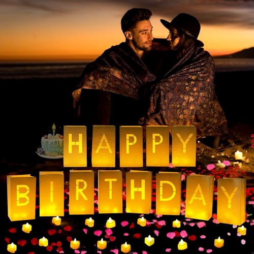 Image of Happy Birthday Decorations for Women Men, Light Up Letters Luminary Bags with 30PC Bright LED Candles and 2000PC Fake Rose Petals, Surprise Birthday Party Banner Signs