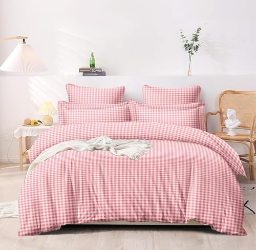 Image of Luxurious Glace Cotton, Comforter Cover, Duvet Cover, Rajai Cover, Blanket Cover,Quilt Cover Queen Size 90 inchx100 inch inches-Pink Check