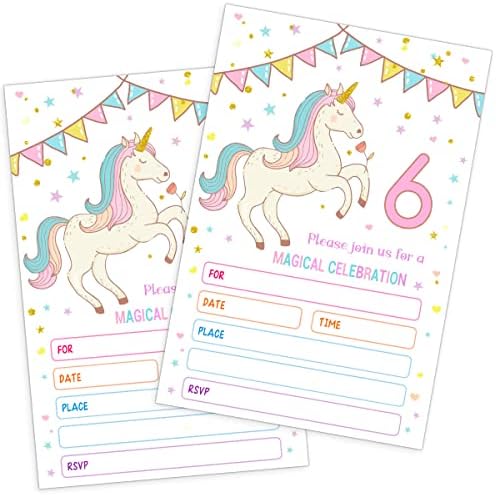 QUPT Unicorn Birthday Party Invitation Cards, 6th Birthday Party Invitations cards, Fill in The Blank Birthday Party Invites - 20 Cards with 20 Envelopes (ma)