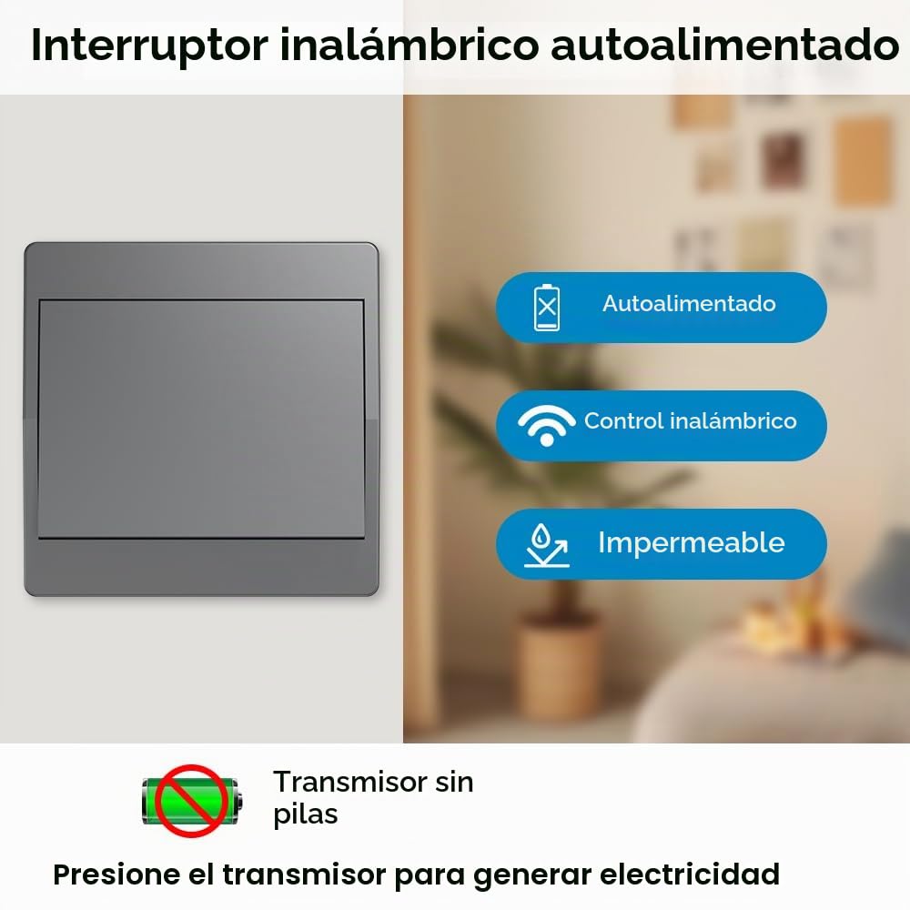 gris Kit de interruptor cinético inalámbrico autoalimentado interruptores de luz teledirigidos RF interruptor cinético inalámbrico sin pila interruptores de radio inalámbricos (Gris 1Gang 1V1
