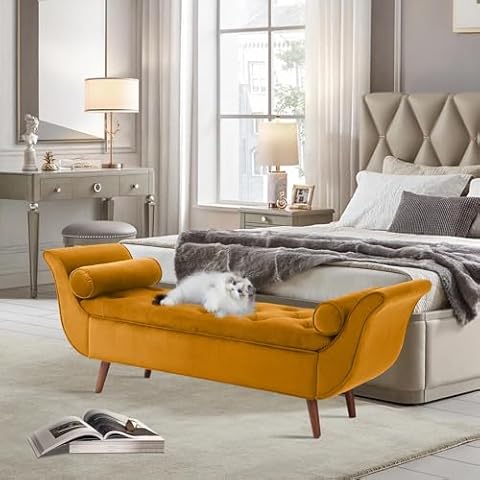 RXRRXY Velvet Storage Bench for Bedroom,End of Bed Bench with Ottoman, Button Tufted King Size Upholstered Benches with Armrest and 4 Sturdy Wooden Legs for Entryway, Living Room (Yellow Brown) Cover