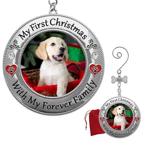 My First Christmas Dog Photo Ornament Dated 2025 - Bone with Red Heart and Paw Print Design - New Pet Owner - Includes Gift Storage Bag - 3' D