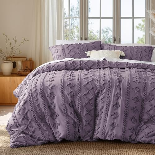 Image of Bedsure Boho Duvet Cover Queen Size, Soft & Comfortable Elegant Design Boho Bedding for Decoration, Machine Washable Comforter Cover for All Seasons,Includes 1 Duvet Cover & 2 Pillow Shams,Purple
