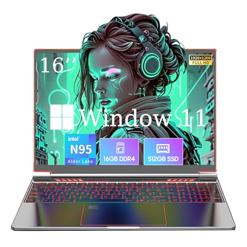 ZAOFEPU 16 Inch Gaming Laptop Windows 11 Fingerprint Unlocked Backlit Keyboard 16GB RAM 512GB SSD N95 Processor WiFi BT, USB3.0, 6000mAh Long Battery Life