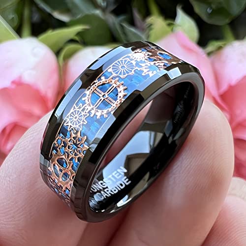 8mm Blue Red Green Carbon Fiber Steampunk Gear Inlay Silver and Black Tungsten Rings for Men Women Wedding Bands Beveled Edges I Love You Engraved Comfort Fit4