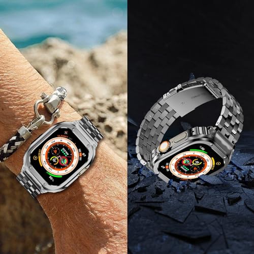 Image of SUPLINK Stainless Steel Case with Bands Compatible with Apple Watch Ultra Band / 3 / Apple Watch Ultra 2 Band 49mm, Metal Rugged Protective Bumper for iWatch Bands Men, Space Grey