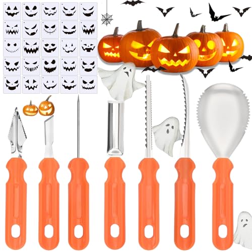 Brateuanoii Kit Per Intaglio Zucca Di Halloween, 7 Pezzi Professionale Per Intagliare Zucca+25 Modelli Di Incisione,Zucca Strumenti In Acciaio Inossidabile Per Fai-Da-Te,Per Tagliare Zucca Halloween