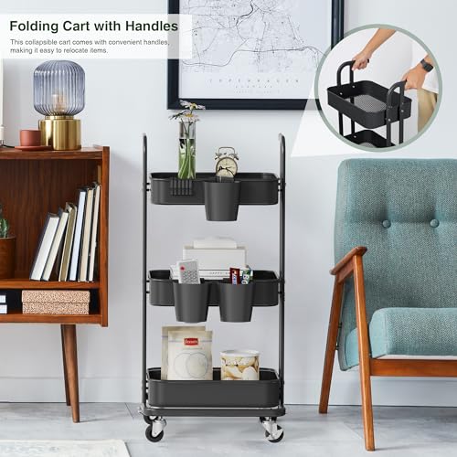 Image of DTK 3 Tier Foldable Rolling Cart, Metal Utility Cart with Lockable Wheels, Folding Storage Trolley, 3 Small Baskets and 6 Hooks for Living Room, Kitchen, Bathroom, Bedroom and Office, Black