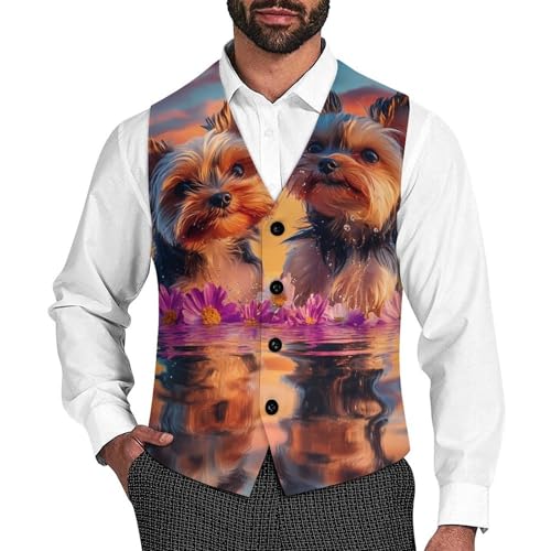Cute Yorkshire Terrier Dogs Suit Vest for Men Slim Fit Sleeveless Jacket V Neck Business Waistcoat Button Up Dressy Top