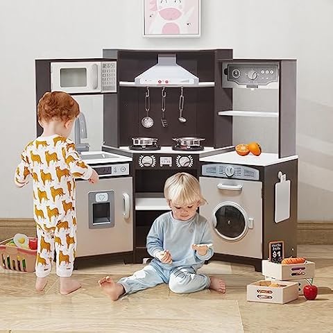 TaoHFE Corner Play Kitchen with Lights & Sounds Brown Kitchen Kids Toddler Kitchen Set with Washer, Chalkboard Wooden Kitchen Kids Playset with Washing Machine Range Hood Boys Gift for Ages 3+ Cover