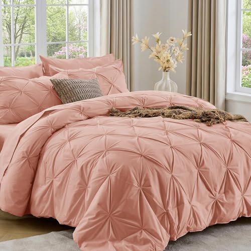 Image of Sasttie King Size Comforter Set, 7-Piece Bed in a Bag, Pintuck Bedding Set for All Season, Includes Comforter, Flat Sheet, Fitted Sheet, Pillowcases and Pillowshams, Blush