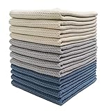 Polyte Premium Microfiber Kitchen Dish Hand Towel Waffle Weave 12 Pack (16x28 in, Dark Blue, Gray,...