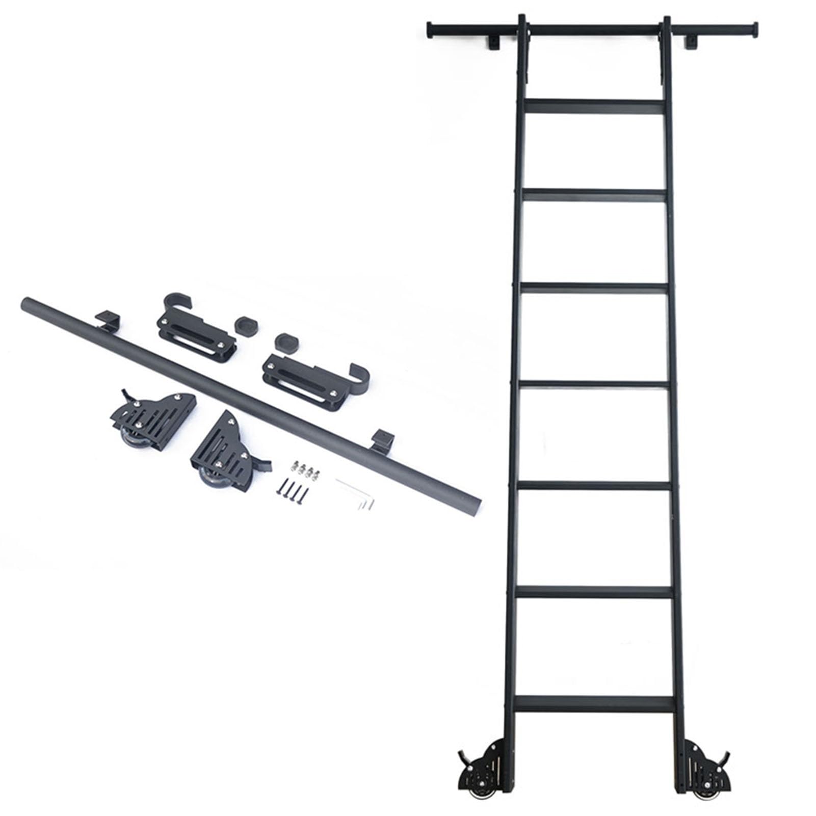 Black Rolling Library Ladder Hardware Home Office Library Barn Style Sliding Ladder Track Kit(No Ladder), Tensible Top Hook on Rolling Hardware, Brake Bottom Wheels(Size:8ft/2.44m Track kit)