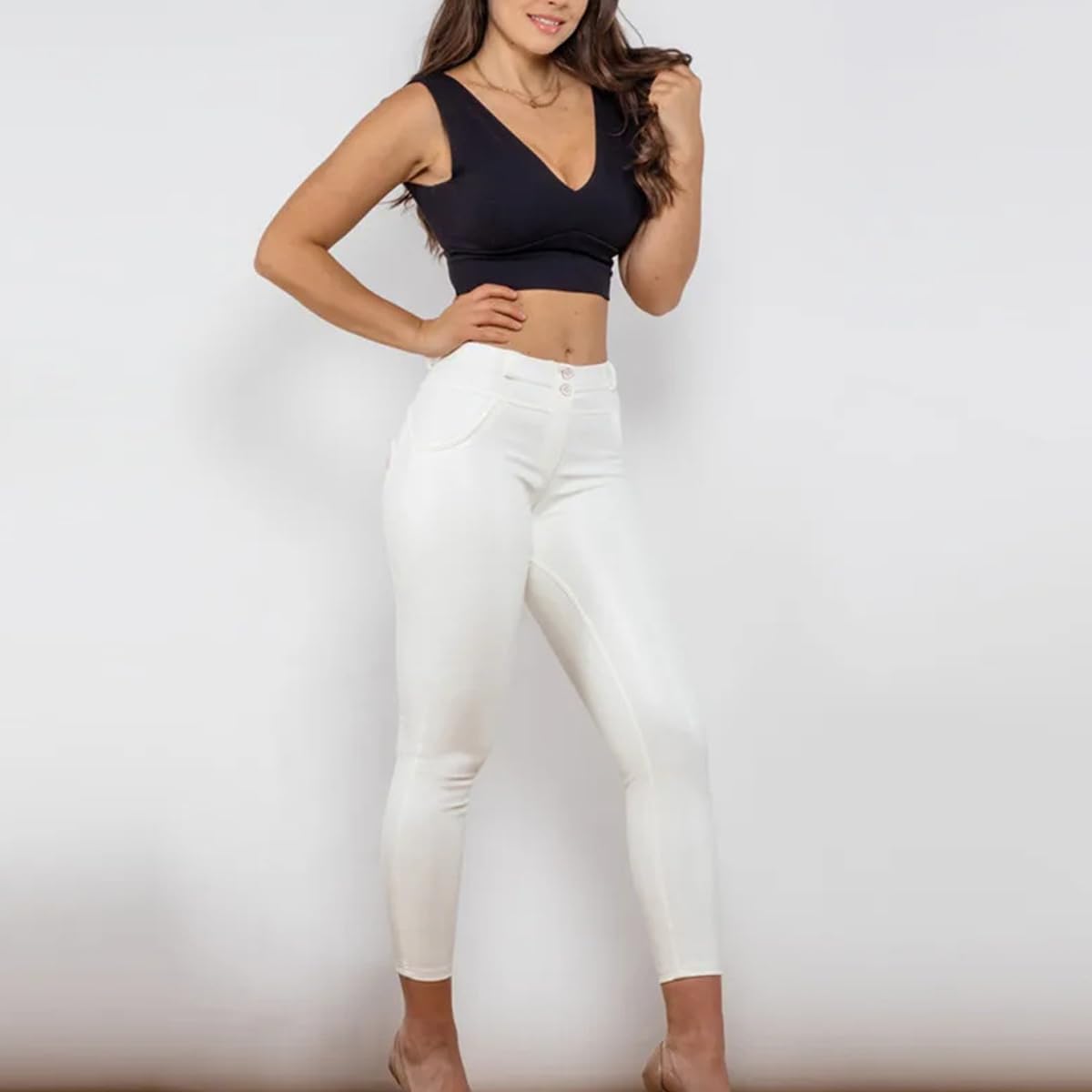 Pantalones De Cuero para Mujer, Mallas Push-Up, Pantalones Vaqueros Ajustados, Pantalones Blancos De Cintura Media, Pantalones De Correr Informales De Longitud Completa