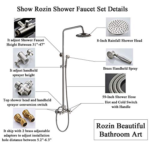 Rozin Bathroom 2 Cross Knobs Mixer Shower Combo Set 8-inch Rainfall Shower Head with Handheld Spray Brushed Nickel