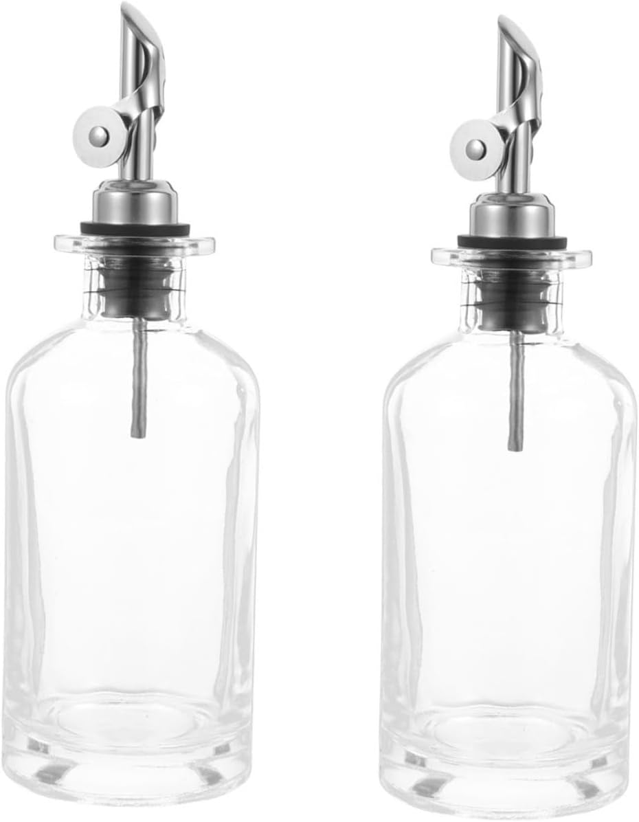 Yardwe Glass Oil and Vinegar Dispenser Bottle Set, 500ml Silver Automatic Open-close Oil Container with Spout, Kitchen Soy Sauce and Condiment Cruet for Cooking and Salad Use, 2pcs