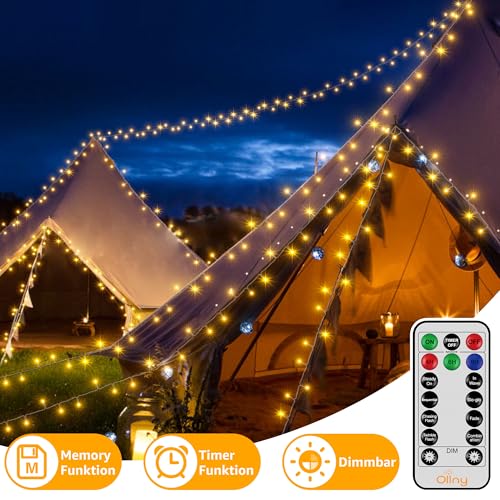 Ollny LED Lichterkette außen 20m 200LED, Lichterketten Strombetrieben mit Fernbedienung und Timer, 8 Modi IP44 Wasserdicht Warmweiß für aussen und innen Garten Hochzeit Party