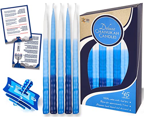Hanukkah Candles for Menorah Box of 45 Tri-Color Blue Tapered Ribbed Style Quality Wax with Prayer Card & DIY Dreidel - Fits Standard Menorahs – Enough for All 8 Nights - by Zion Judaica