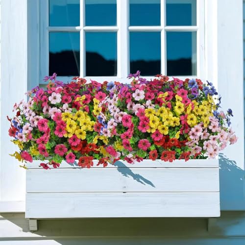 BlueCloudy 18 Bündel Künstliche Blumen für Draußen, Kunstblumen Balkon Dekoration Künstlich Balkonpflanzen Plastikblumen Outdoor Indoor für Zuhause Garten Tisch Terrasse Deko, Gemischt