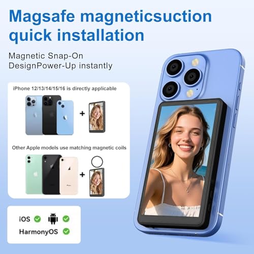 Image of Phone Vlog Selfie Monitor Screen, Magnetic Mount Wireless Connection, Back Camera Monitor Compatible iPhone & Android Phone, Sync Phone Rear Camera for TikTok Selfie Vlog Live Stream (Black)