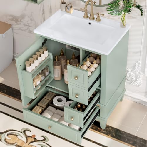 Image of Bellemave Bathroom Vanity with Ceramic Sink & 3 Drawers, 24 inch Bathroom Cabinet with Storage Shelves & Solid Wood Base, Freestanding Vanity Cabinet with Organizer (Light Green /24)