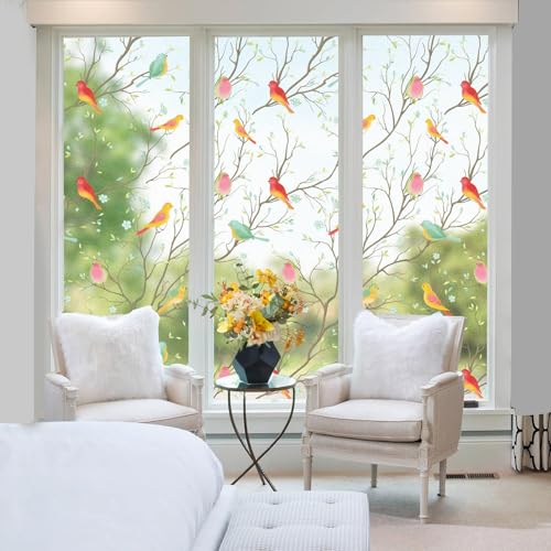 Image of WOO Home Frosted Glass Window Film & Stickers (18 X 24 Inchs) Privacy Window Cover for Home & Office - Easy Apply, UV Protection, Removable Decorative Film (Multi Colour Bird 1.5 X 2 SQFT)