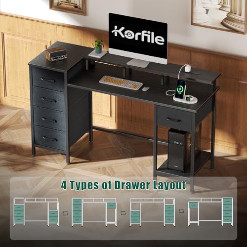 Image of Korfile 55 Inch Gaming Computer Desk with Power Outlets,LED,5 Drawers,Black