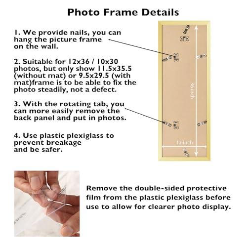 Image of JCJMY 12x36 Picture Frame with 10x30 Mat, Display Photo 10x30 with Mat or 12 x 36 Without Mat, Wall Hanging Large 12 by 36 Poster Frame with Plexiglass, Gold