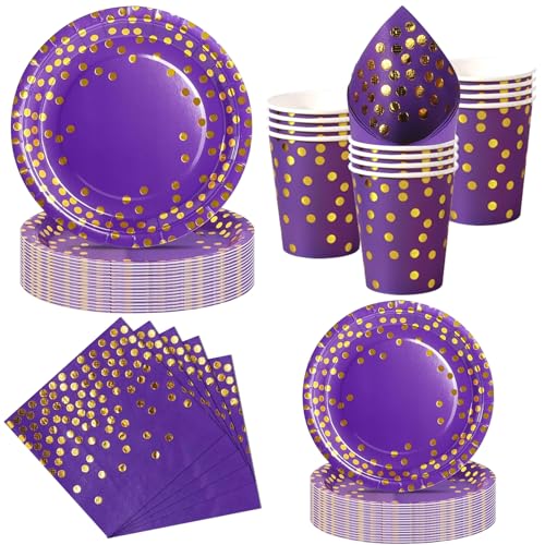 Nkaiso Set de Vaisselle Jetable 50 Pièces Violet Or, Service Tout-Inclus pour 10 Personnes - 10 Assiettes Plates, 10 Assiettes Dessert, 10 Gobelets, 20 Serviettes -...