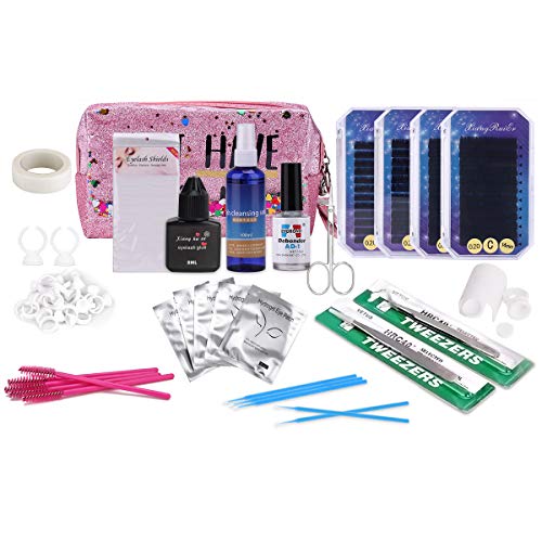 Beauty Star Full Professional Eyelash Extensions C Curl Eyelahes Lashes Strip Graft Glue Lint-Free Under Patch Pad Tweezers Cleansing Lotion Tools Case Bag Set