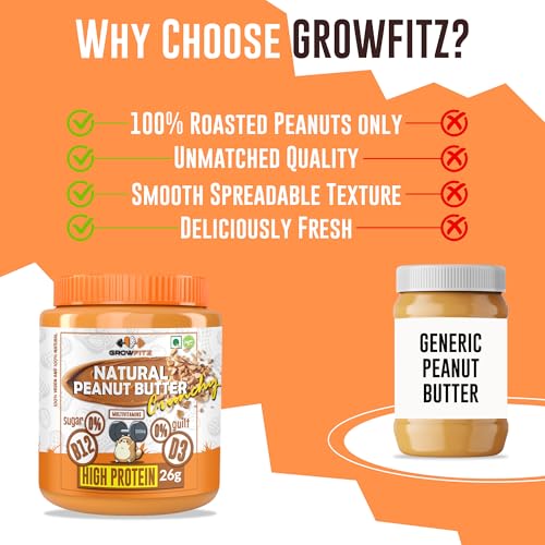 Image of Growfitz Natural Peanut Butter Crunchy 26g, 800 Gram, Pack of 1 | Unsweetened | High Protein | Nut Butter Spread-Workout Snacks | No Sugar, Cholesterol Free, Multi-Vitamins & Boost Muscles (Crunchy)