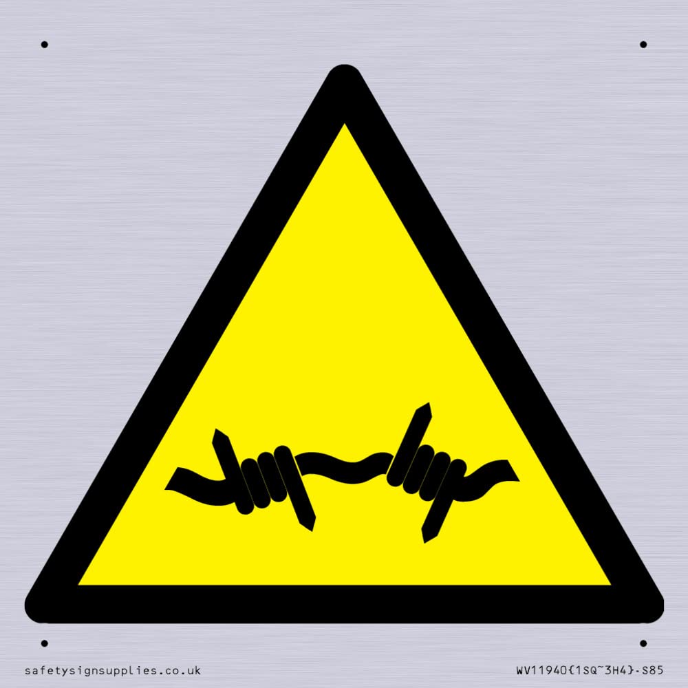 W033 Warning: Barbed wire Sign - 85x85mm - S85