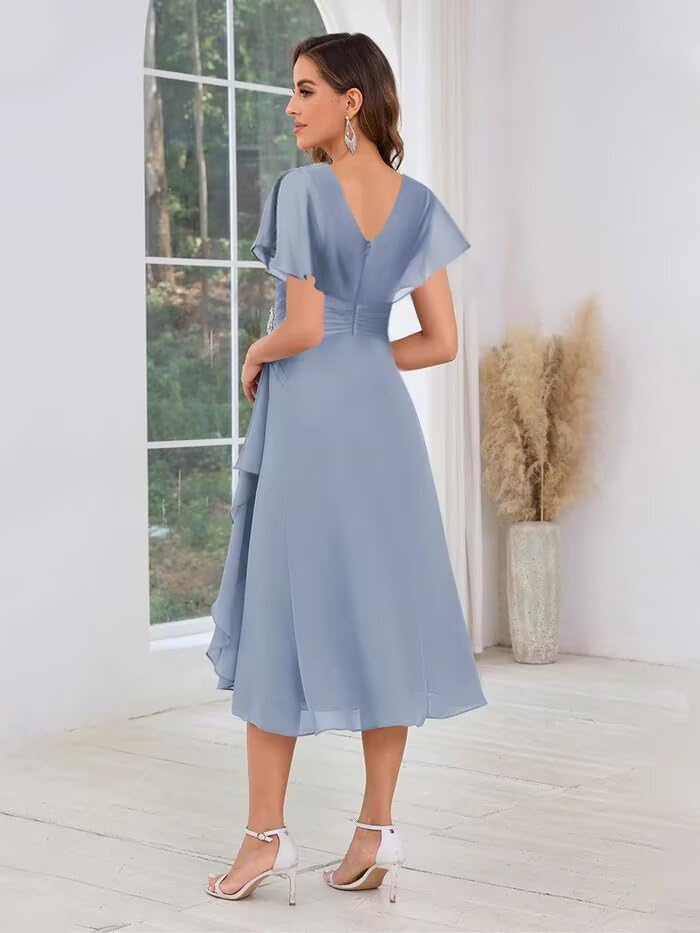 Tea Length Mother of The Bride Dresses for Wedding V-Neck Pleated Flutter Sleeves A-Line Formal Evening Dress3